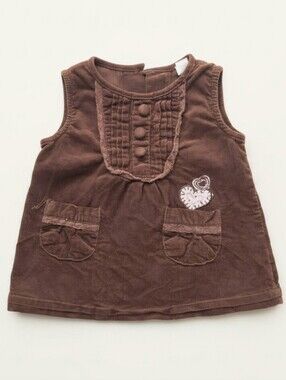 Baby Q Corduroy Dress 3-6M Brown Jumper Pleated Bib Lace Trim Heart
